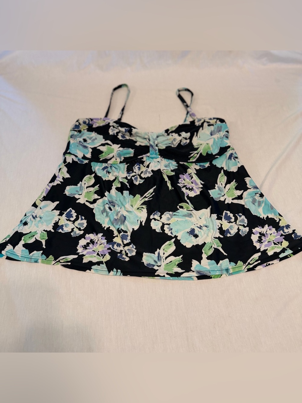 Women’s Black Floral Spaghetti-Strap Swim Top in Mint & Lavender. Size 18W